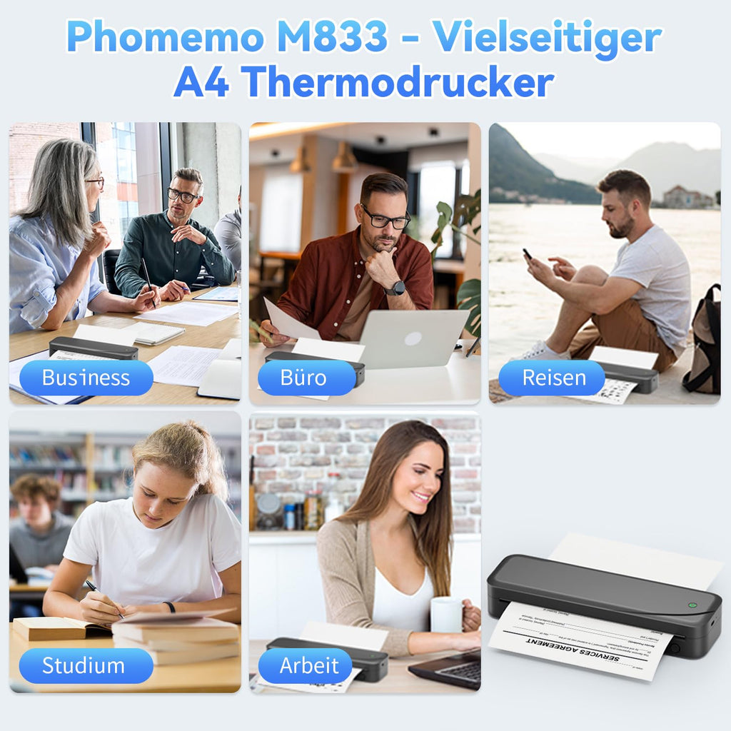 Phomemo M833 Thermodrucker A4 für Unterwegs, Kabelloser Tragbarer Drucker 300DPI, Mobiler Drucker für Rechnungen, Studium, Zuhause, Geschäft, Schule, Kompatibel mit iOS, Android und PC, Schwarz