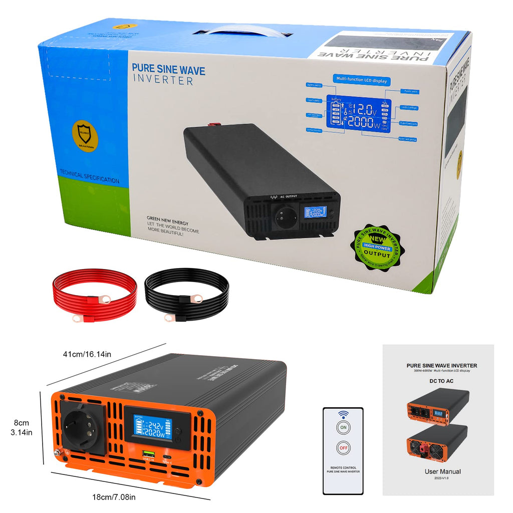 DATOUBOSS 2000W/4000W Spannungswandler 24v auf 230v Reiner Sinus Wechselrichter Power Inverter mit EU Steckdosen, USB/Type-C und LCD Anzeige, Umwandler Stromwandler für LKW Camping Haushaltsgeräten