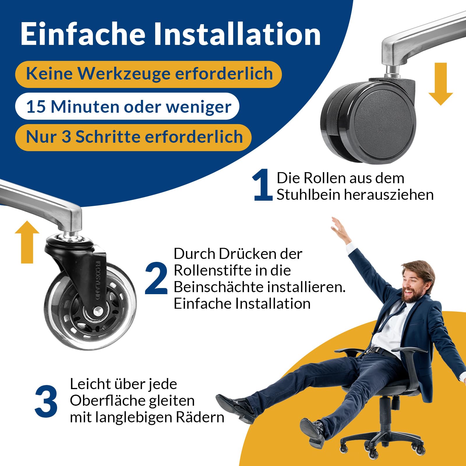 COSYLAND Bürostuhl Rollen 5er Set, 11mm x 22 mm Rollen für Bürostühle, Strapazierfähige Bürostuhl Rollen Parkett, Sehr leise Schreibtischstuhl rollen, Passend für 99% aller Bürostühle