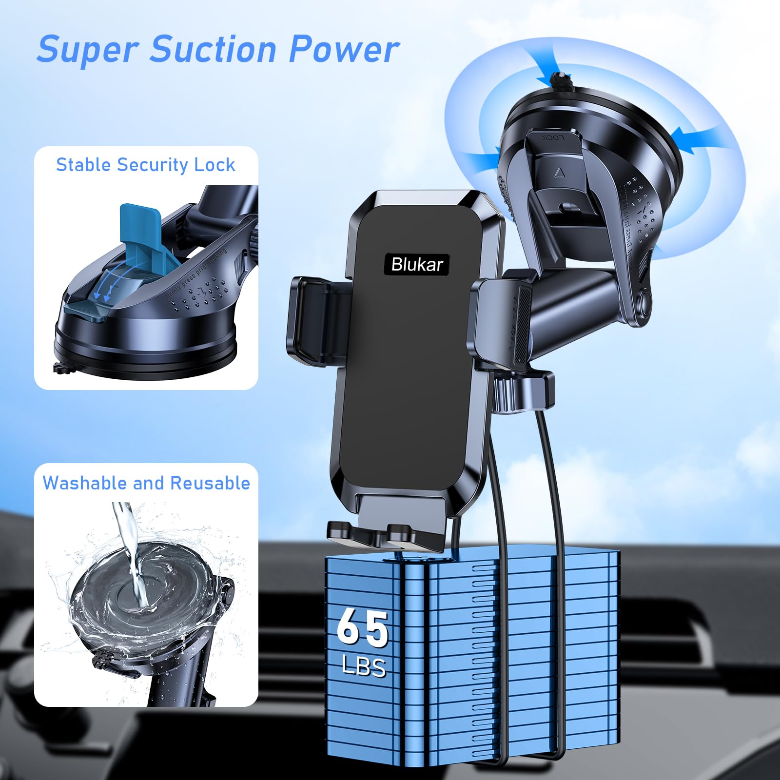 Blukar Handyhalterung Auto, [Upgrade Saugnapf] Handyhalter für Autos Armaturenbrett & Windschutzscheibe, 360° Drehbar KFZ Handy Halterung mit EIN-Knopf-Release für iPhone, Galaxy, Mate usw.