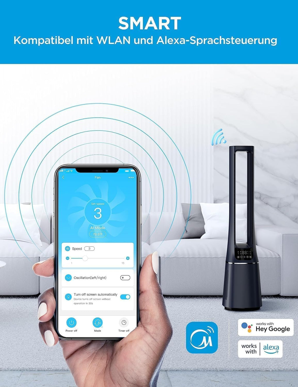 Midea MFP-120i (BL) 2 in 1 Turmventilator Leise 27dB Luftreiniger H13 True HEPA auf 47.6 ㎡ LED Display Fernbedienung Oszillation 12H Timer Kompatibel für Wireless Connection App Alexa Google
