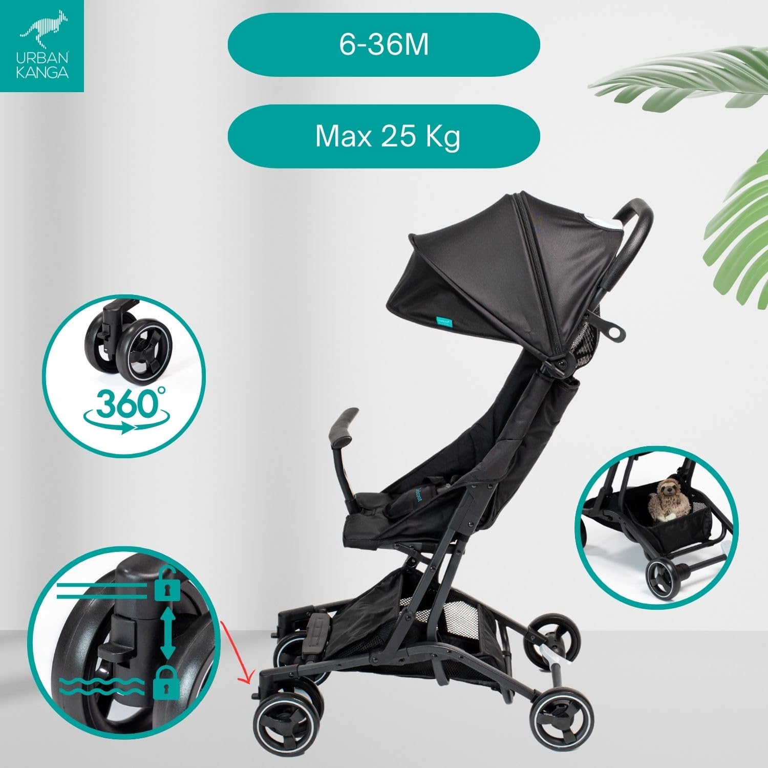 Urban Kanga Bandicoot Reisebuggy fürs Flugzeug-Handgepäck – Ultraleichter, Kompakt Zusammenklappbarer Buggy bis 22 kg mit Schultergurt & Abdeckung (Midnight Black)