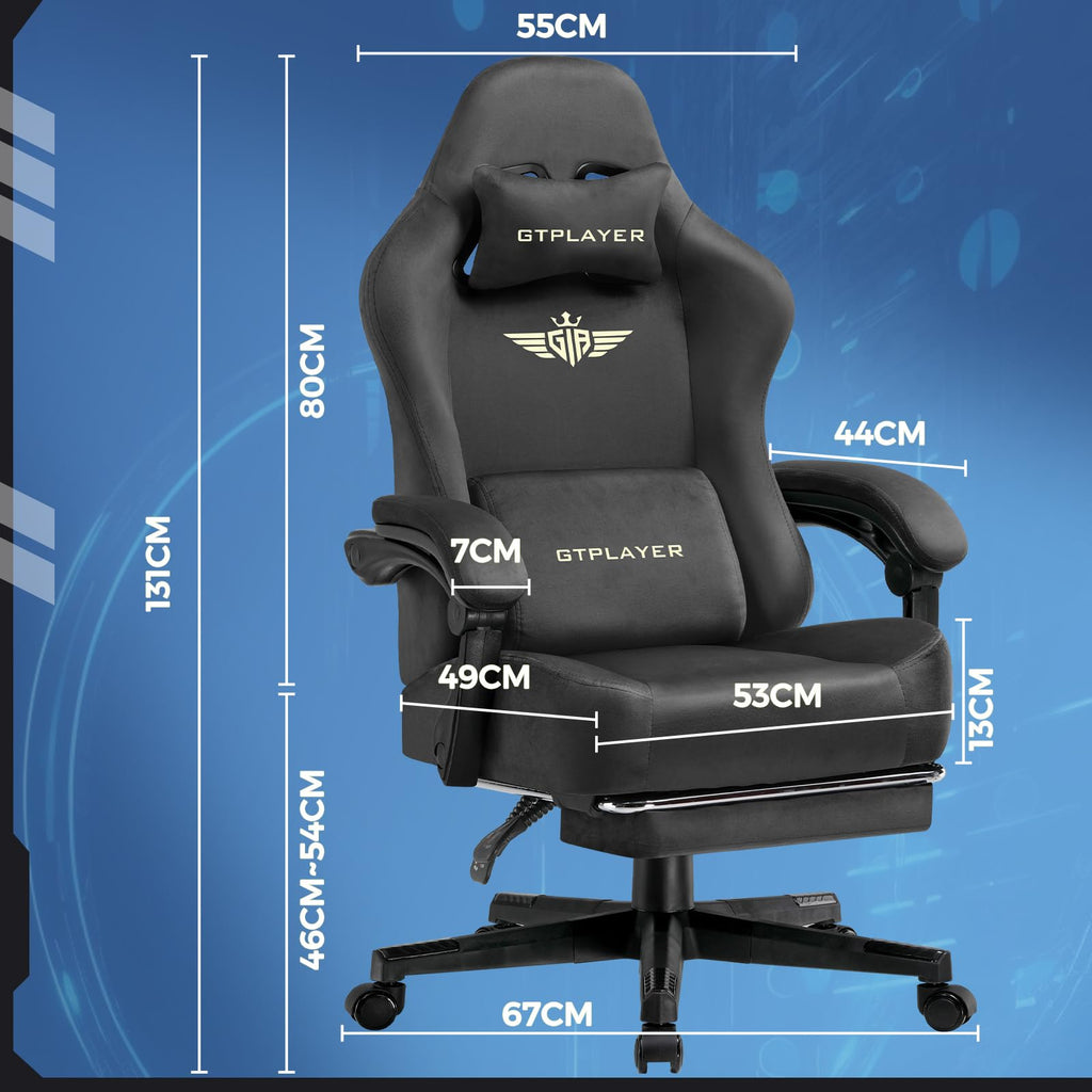 GTPLAYER Gaming Stuhl, Atmungsaktiver Bürostuhl, bürostuhl ergonomisch, Hochwertiger - Stoff, Ergonomischer PC Stuhl, 160° Verstellbare Rückenlehne und ausziehbare Fußstütze, Grau