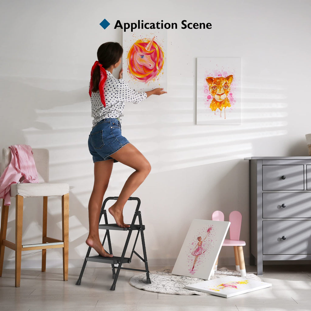 BONTEC Trittleiter 2 Stufen Klappbar, Tritthocker aus Stahl mit 150kg Tragkraft, Breite rutschfeste Pedale, Faltbare Trittleiter Schwarz, Schwammgriff, für Innen- und Außenbereich