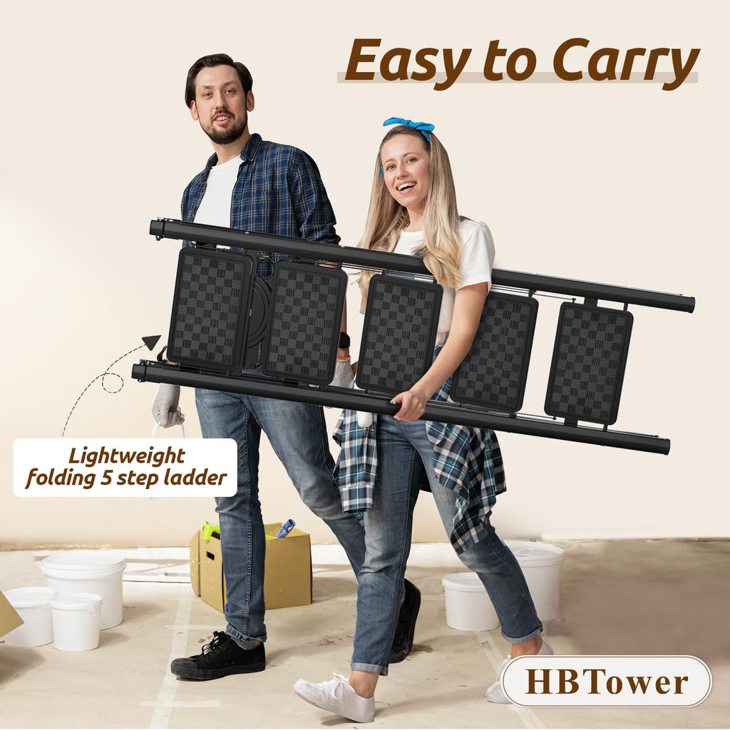 HBTower Trittleiter 5 Stufen Klappbar, Leiter 5 Stufen,stufenleiter,Leiter mit breitem Anti-Rutsch-Pedal, Tritthocker, Tritthocker mit 150kg Kapazität,Schwarz