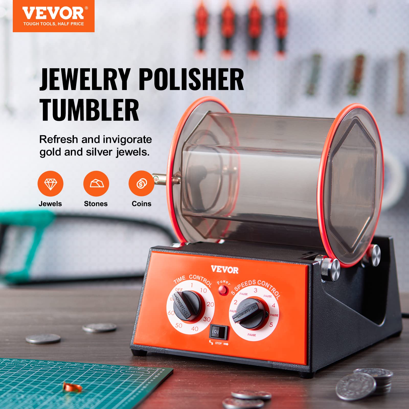 VEVOR Poliertrommel Schmuck-Poliermaschine 5 kg, Rotary Tumbler Oberflächenpolierer 60 W, Schmuck Polieren Dreh-Tumbler Einstellbare Zeit & Drehzahl Polierer Kugelmühle, für Gold, Silber usw.