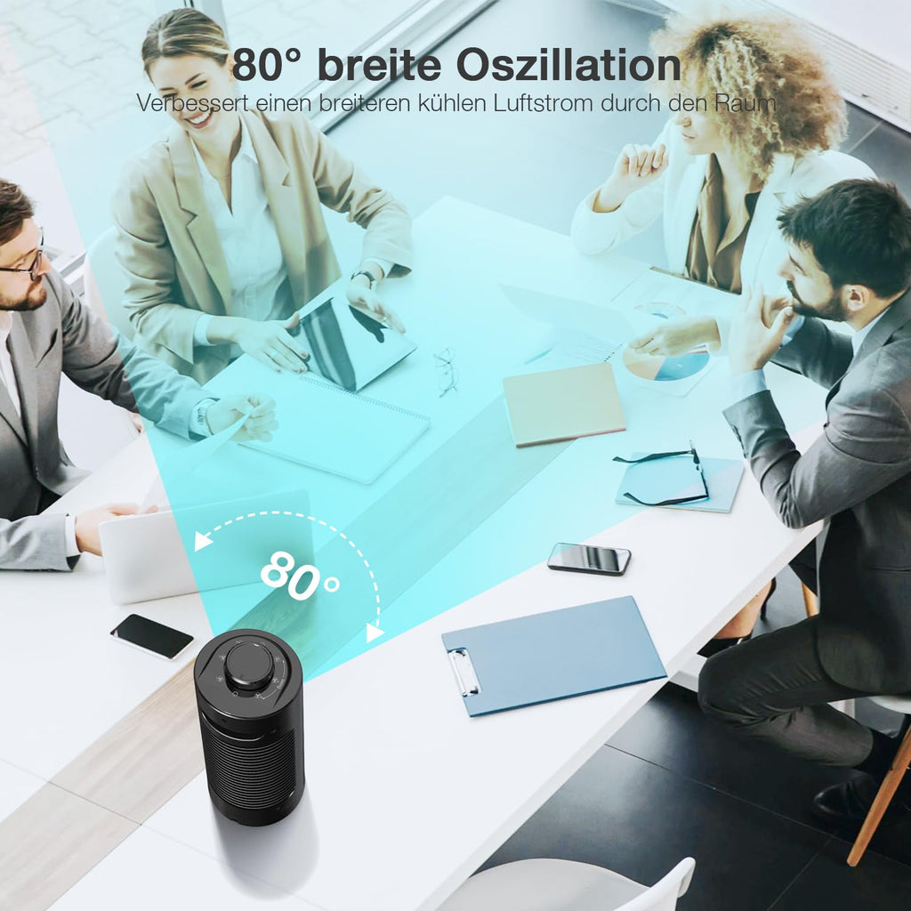 Grelife Turmventilator Leiser, 7,9m/s Geschwindigkeit, 80° Oszillierende Ventilatoren, Schnelle Kühlung Tischventilator für Büro, Zuhause, Schlafzimmer, Schwarz