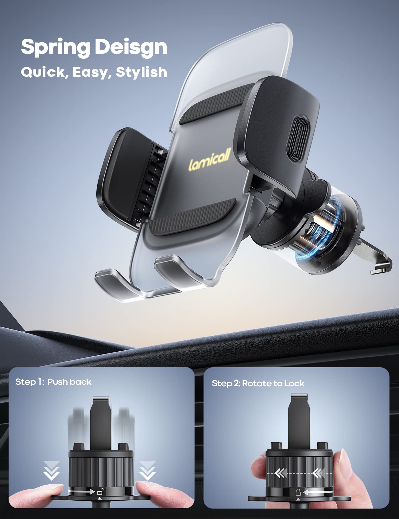 Lamicall Handyhalterung Auto, Handy Autohalterung - [2026 Federclip] Universal Lüftung Handyhalter Auto, 360 Grad Vent KFZ Halterung für iPhone 17/16/15/14/13 Pro Max Plus, Samsung 4-7 Zoll Smartphone
