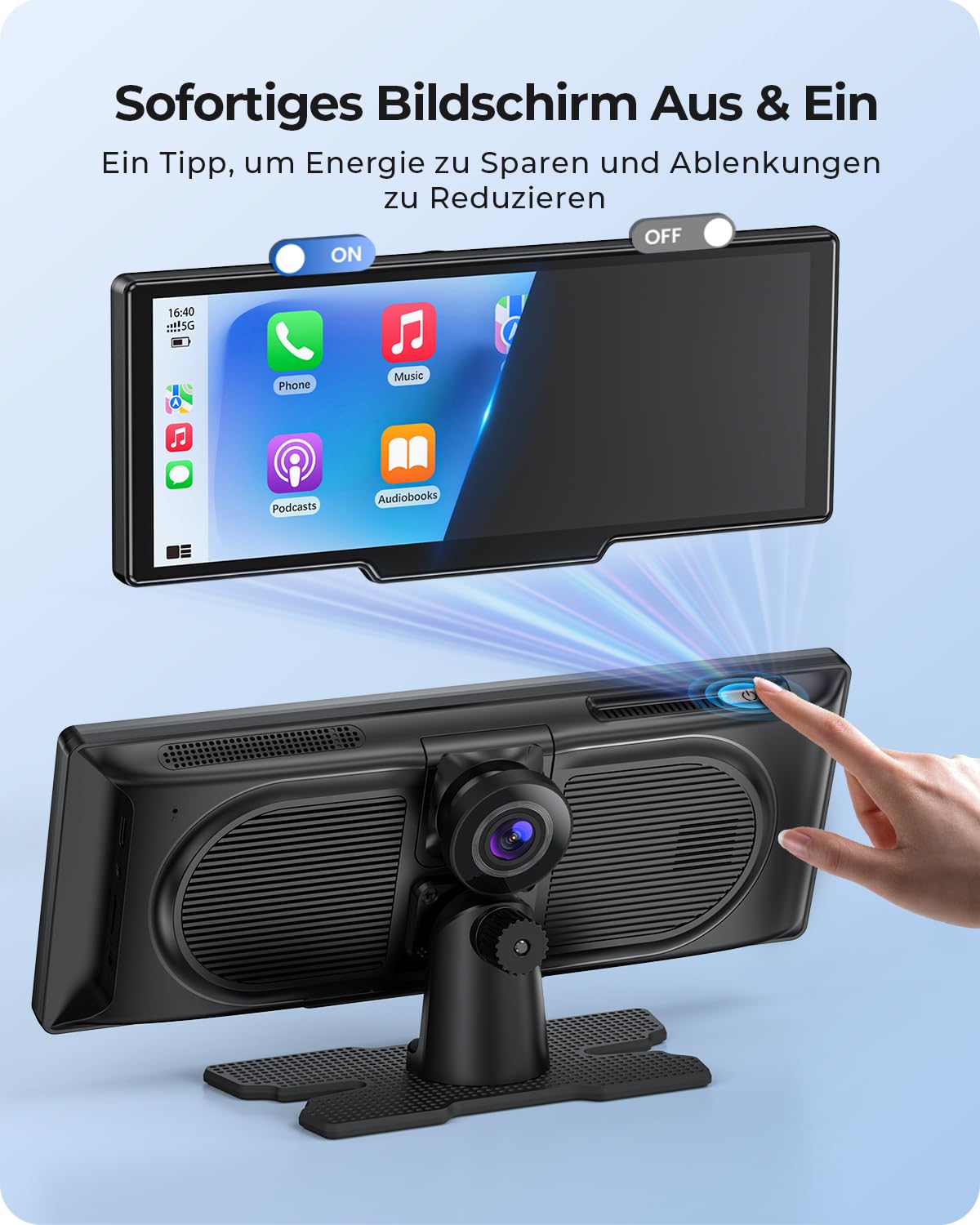 Krunia 9,26" Drahtloses Tragbarer Car Play Display mit 4K-Front- & HD-Rückfahr-Dual-Dashcam für Apple CarPlay & Android Auto mit OTA-Updates, Mirror Link, Bluetooth 5.0, Sprachsteuerung, GPS, FM