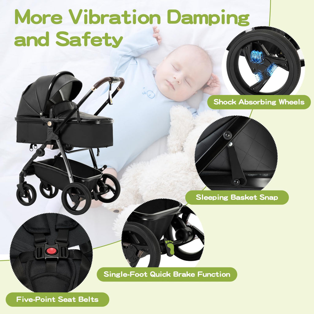 Lnhcrbs Kinderwagen 3 in 1,Kinderwagen Set ist ein mit einer Hand faltbarer Aluminiumrahmen, Bergsteiger Stoller ist aus Leder, wasser- und schmutzabweisend, Für 0-4 Jahre, 22KG(Schwarz)