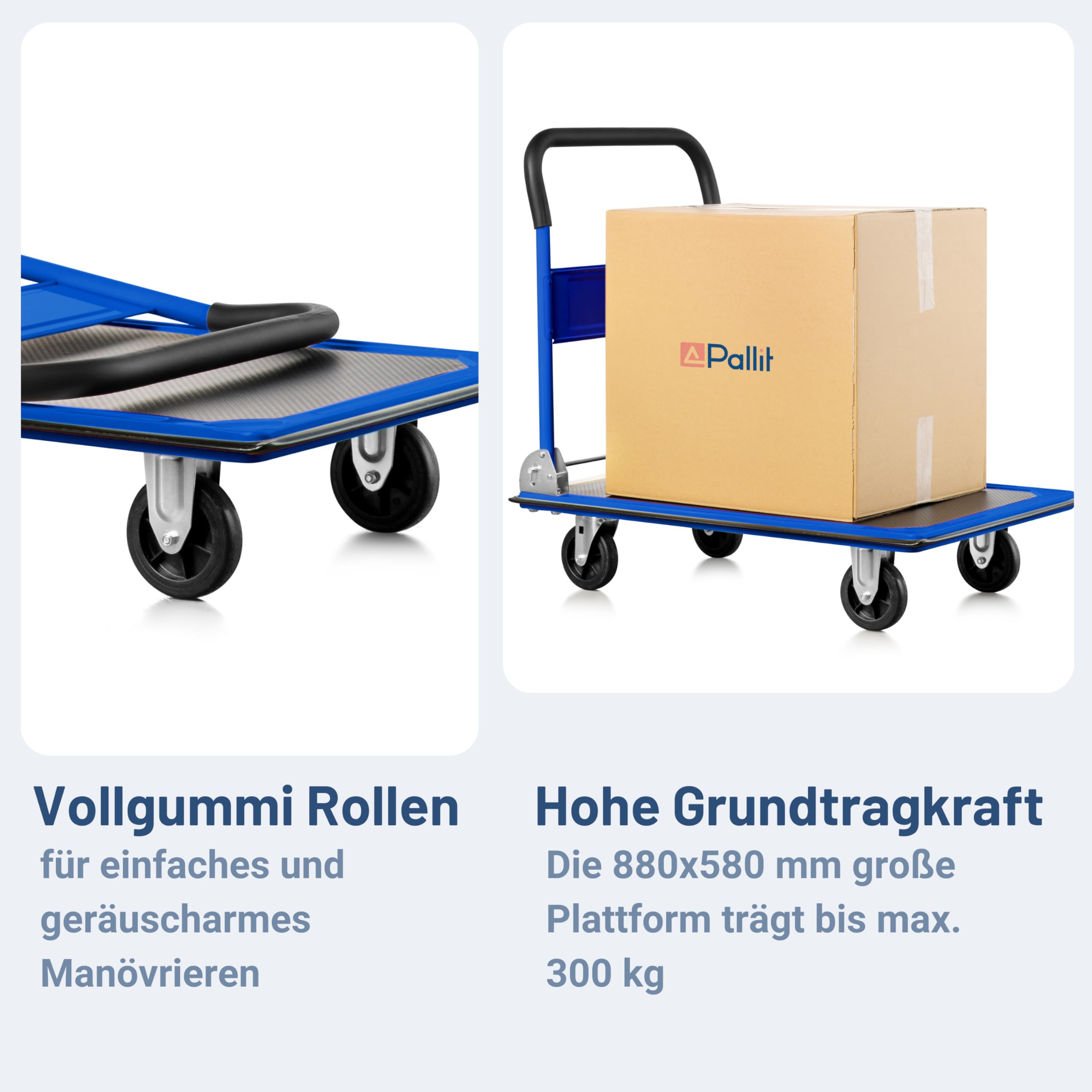 Pallit Transportwagen klappbar Blau 300 kg Rollwagen mit lenkbarer Vollgummi-Bereifung Anti-Rutsch Plattformwagen Transporthilfe Handwagen Carry