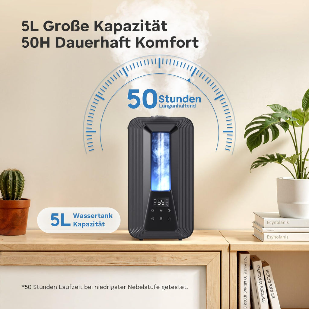 AROEVE 5L Top Fill Luftbefeuchter Schlafzimmer, Ultraschall Kühle Nebel Humidifier mit Aroma Diffuser, Smart Hygrostat, Nachtlicht, 50H/25dB Leise Raumluftbefeuchter für Pflanzen Baby Kinderzimmer