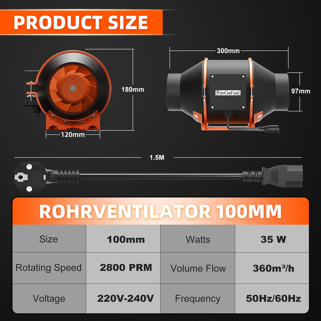 FanGoFast Rohrventilator 100mm Regelbar 360m³/h Rauchabzug Inline Abluftventilator Ideal Rohrlüfter mit IEC-Steckdose für Belüftung und Abluftgebläs-230V mit EU-Stecker und 1,5m Netzkabel