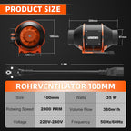 FanGoFast Rohrventilator 100mm Regelbar 360m³/h Rauchabzug Inline Abluftventilator Ideal Rohrlüfter mit IEC-Steckdose für Belüftung und Abluftgebläs-230V mit EU-Stecker und 1,5m Netzkabel