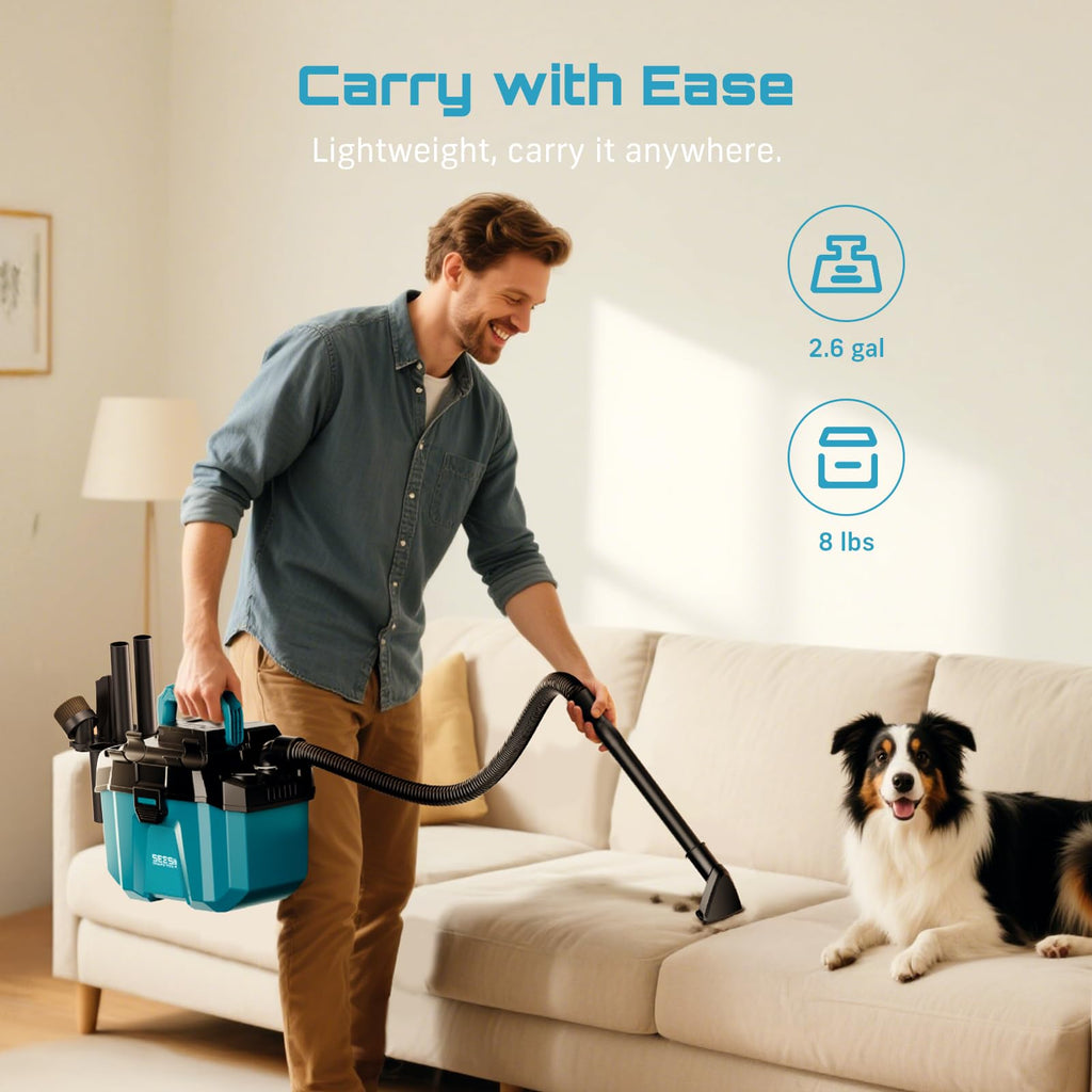 SEESII Akku Nass und Trockensauger, 3-in-1 Werkstattsauger mit Gebläse 2x4000mAh Batterien, 10L Nass Trockensauger Mini, Schultergurt, 4 Rädern und Aufsätzen, Ideal für Werkstatt/Auto/Baustelle (Blue)