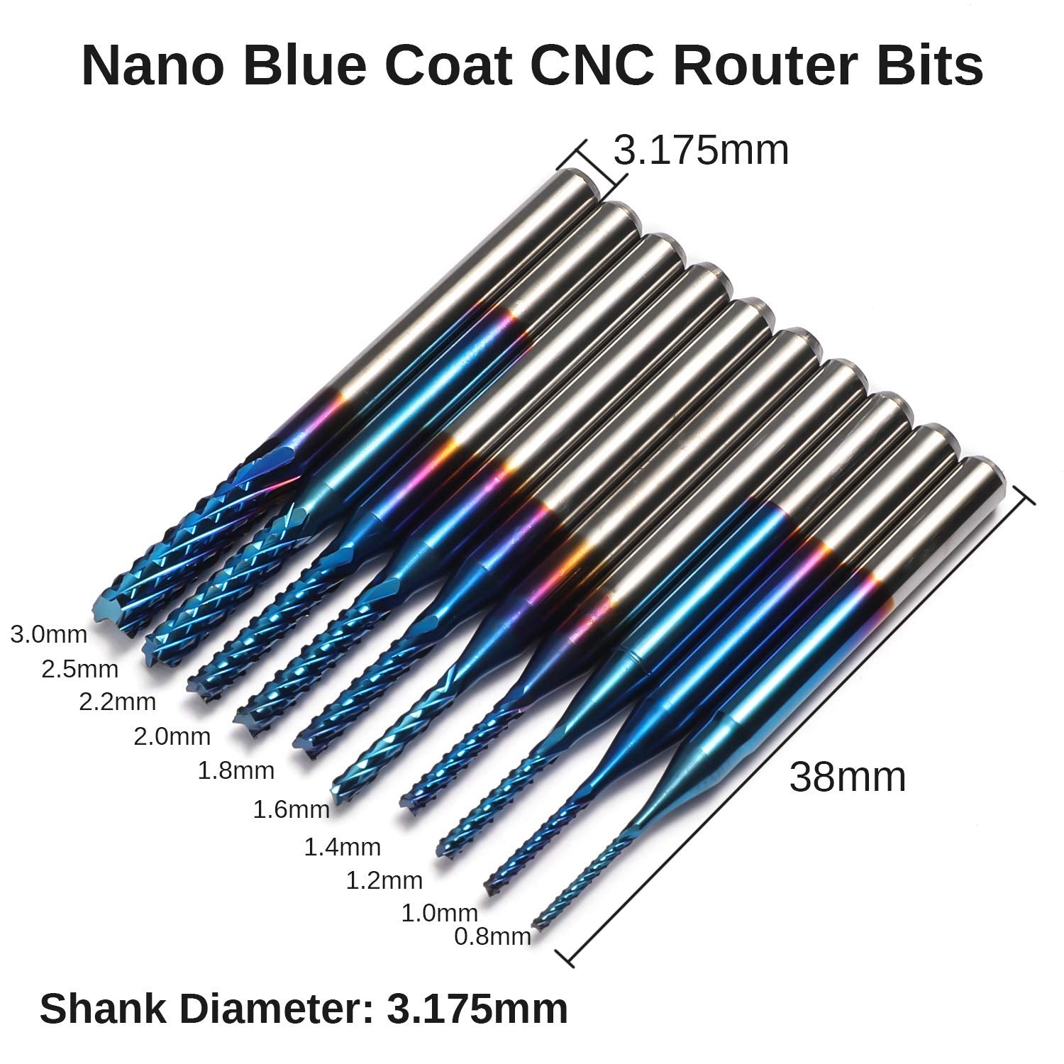 Genmitsu Schaftfräser-Satz mit insgesamt 40 CNC Router Bits, 3,175mm (1/8") Schaft, CNC Fräser-Satz mit 2-Nuten Flach- als auch Kugelkopffräsern, Nano Blue Beschichtung & Titan Beschichtung, MC40A