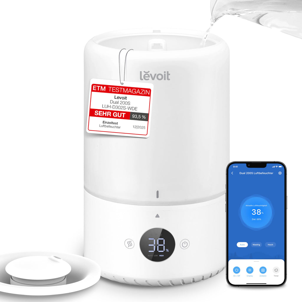 Levoit 19dB leise Top-Fill Luftbefeuchter, Smart Humidifier für Schlafzimmer, Baby, Luftfeuchtigkeit Sensor, Raumbefeuchter mit 360°Drehdüse für Kinderzimmer, Pflanzen, 3 L, Cremeweiß