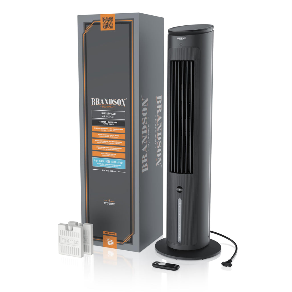 Brandson - Luftkühler mit Wasserkühlung - Preisträger 2025 - Verdunstungskühler - Luftkühler - Ventilator - mobile Klimaanlage ohne Abluftschlauch - leise - Turmventilator