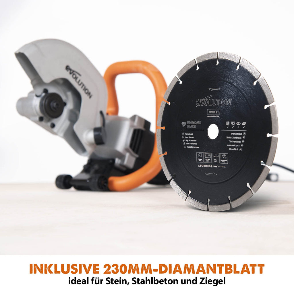Evolution R230DCT Betonsäge Elektrische Steinsäge 2000W Steinschneidemaschine 230 mm Scheibendurchmesser Sägeblatt Diamantblatt Trennscheibe, 90 mm Schnitttiefe schneidet Mauerwerk Gehwegplatten Beton