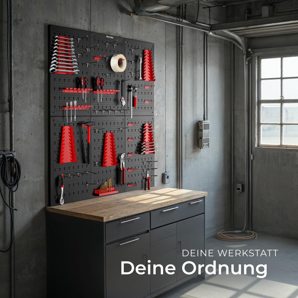 tectake® Werkzeug Lochwand aus Metall, 240 x 60 x 2 cm, Werkzeugwand Lochplatte, inkl. Werkzeughalter Set Haken und Halterungen, Wandregal Regalsystem für Werkbank, Garage, Werkstatteinrichtung - 6tlg