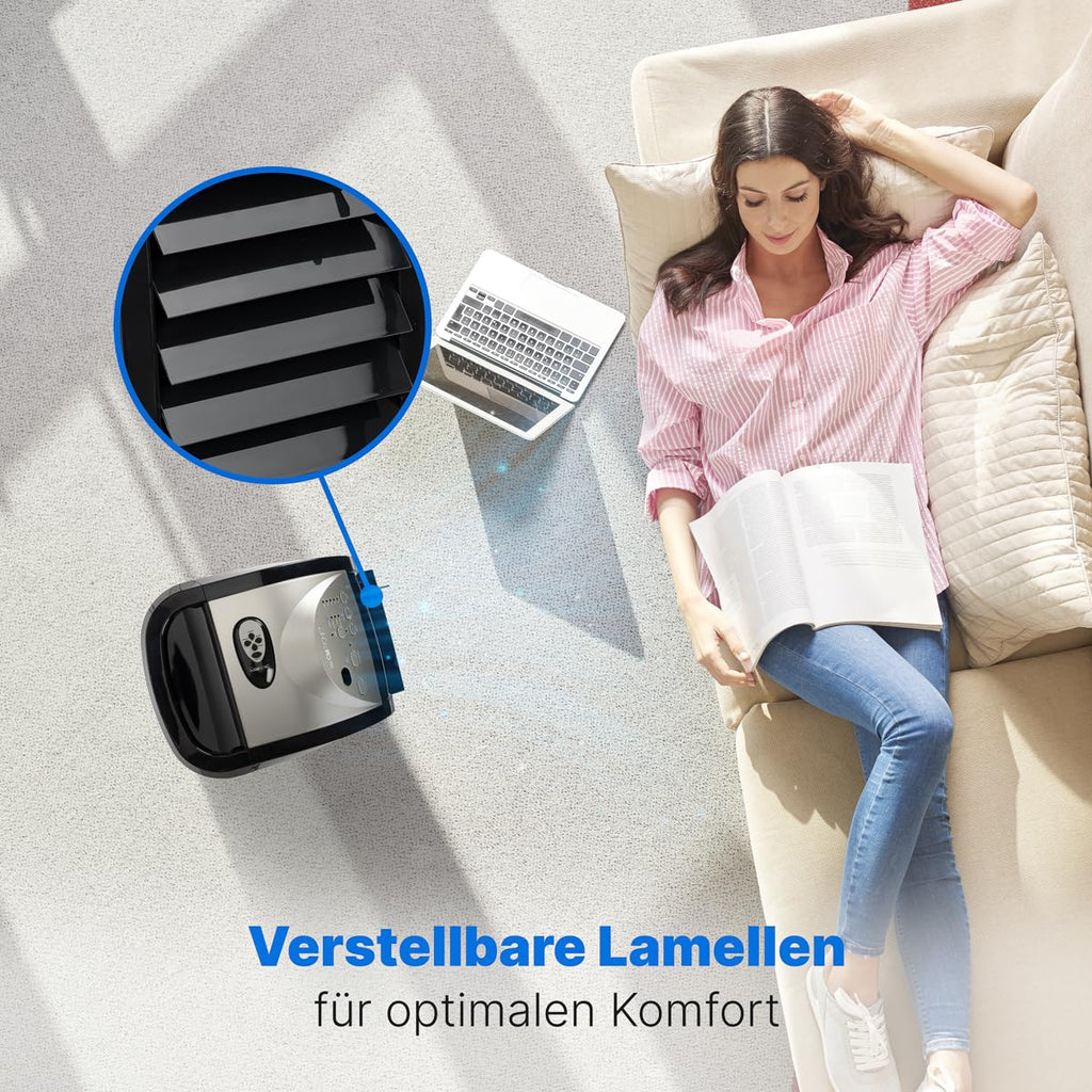 Clatronic 3in1 Luftkühler, Luftentfeuchter und Luftreiniger, 3 Stufen, 8 Std. Timer, inkl. Fernbedienung, 4,5 Liter Wassertank, 90° oszillierend, 4 Rollen, 70 Watt, LK 3742 schwarz