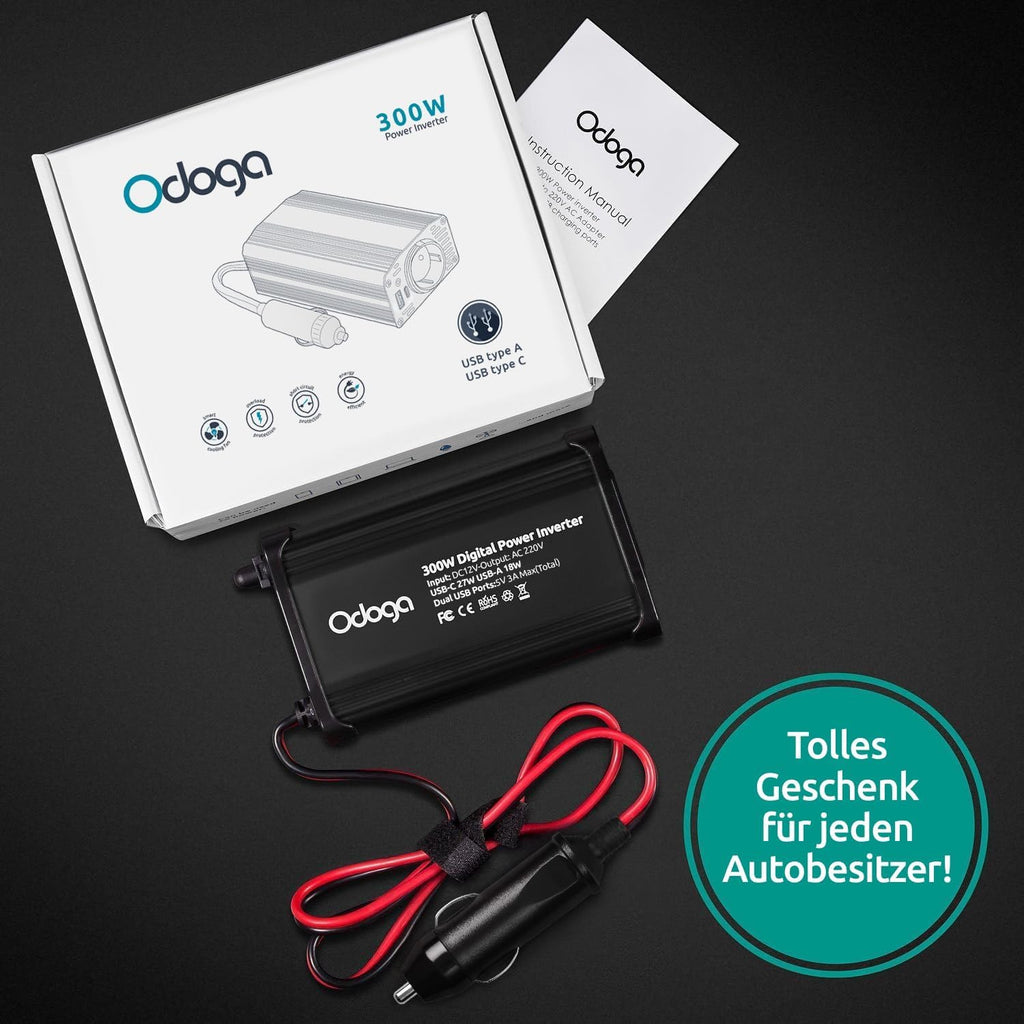 Odoga Wechselrichter 12V auf 230V – 300 W Spannungswandler, Stromwandler mit 3A USB-C und USB-A Anschluss, Inverter 12V 220V, Auto Steckdose, Laden Sie Ihr Laptop, iPad, iPhone, Tablet Und Mehr