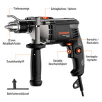 DOVAMAN PHD03B 850W Schlagbohrmaschine Mit 13mm Metallbohrfutter, Elektro-Bohrmaschine Mit Schlagfunktion & Variabler Drehzahl 0–3000 U/Min – Für Beton, Mauerwerk, Holz – Inkl. Bohrer & Koffer