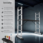 TecTake Gerüst, Leiter 4 in 1, Mobile Mehrzweckleiter, Arbeitsbühne, Baugerüst, Alu Gerüst, Rollgerüst mit Arbeitsplattform, Haushaltsleiter, belastbar bis max. 150 Kg - Silber