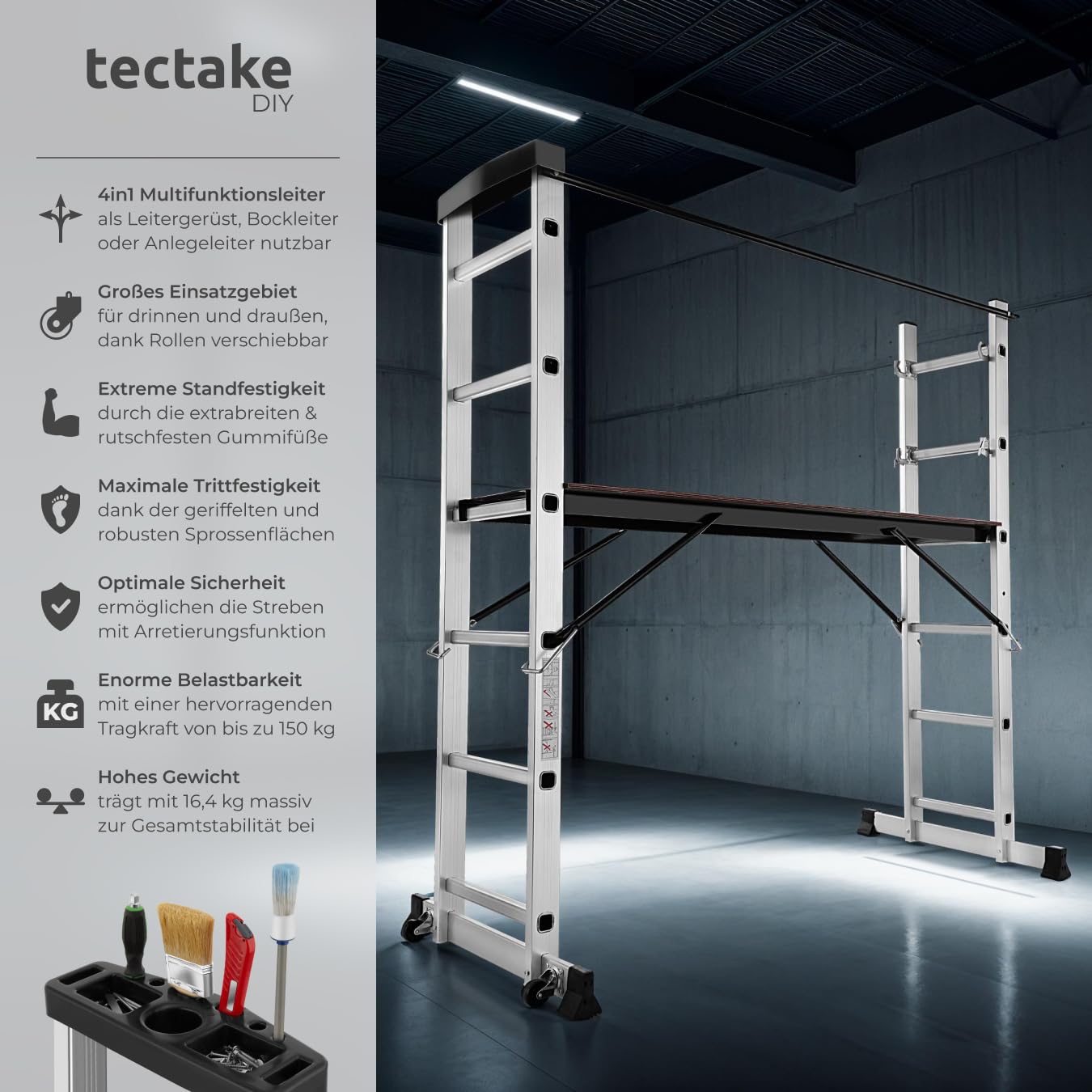TecTake Gerüst, Leiter 4 in 1, Mobile Mehrzweckleiter, Arbeitsbühne, Baugerüst, Alu Gerüst, Rollgerüst mit Arbeitsplattform, Haushaltsleiter, belastbar bis max. 150 Kg - Silber