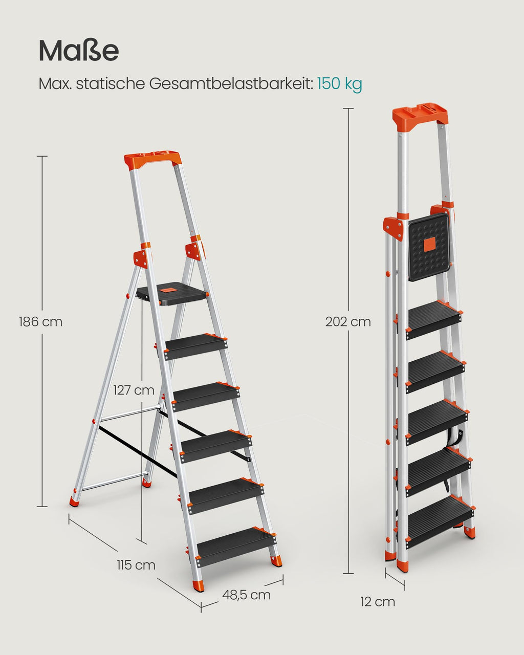 SONGMICS Leiter mit 6 Stufen, Aluleiter, 12 cm breite Stufen mit Riffelung, Anti-Rutsch-Füße, mit Handlauf, Werkzeugschale, bis 150 kg belastbar, schwarz-orange GLT06BK