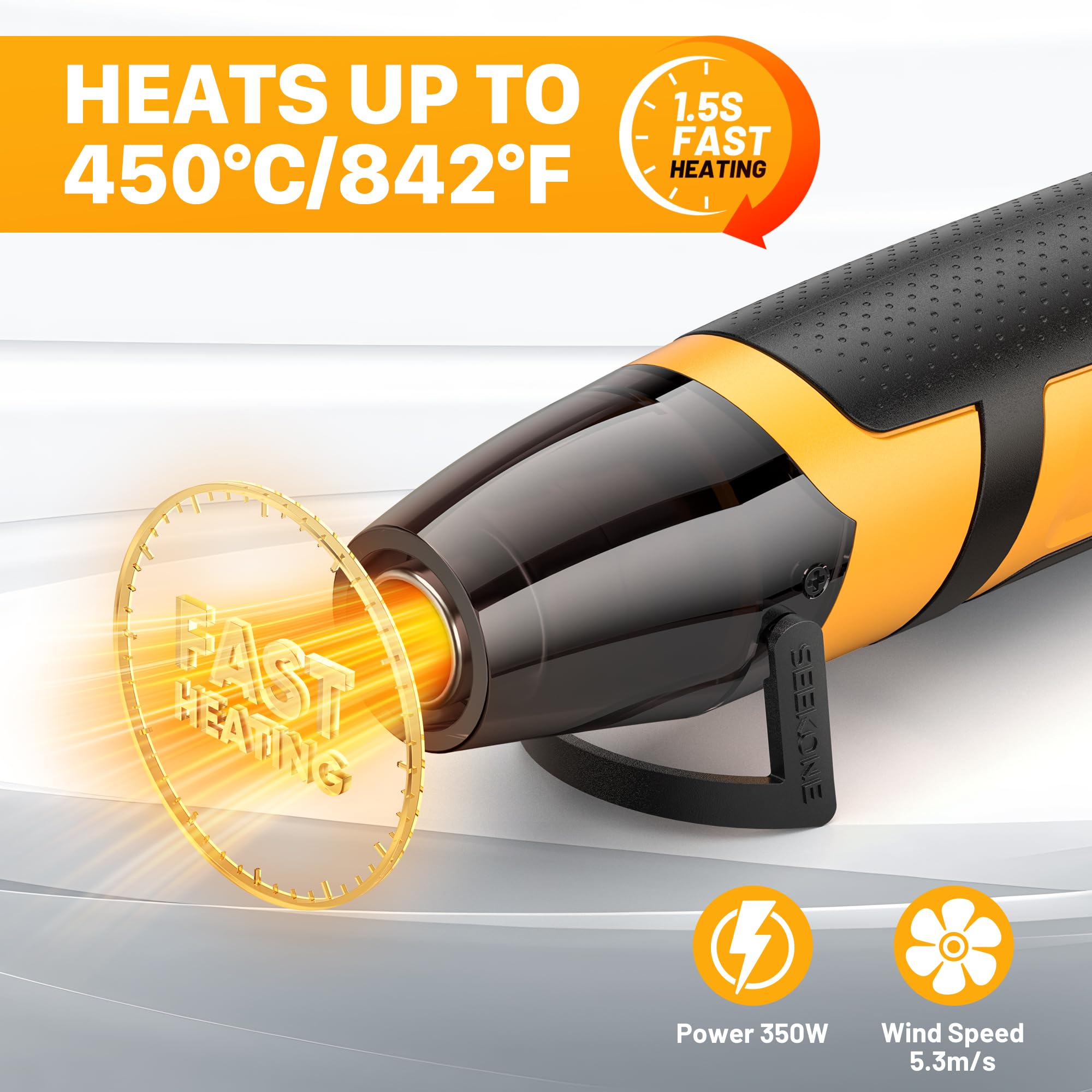 SEEKONE Mini Heißluftfön 2 Temperatur 260 ℃/450 ℃, 350W Manuelle Heißluftpistole mit Edelstahldüse, Überlastungsschutz, EU-Norm, Tragbarer Heissluftgebläse Schnelle Erwärmung für DIY, Prägen, Basteln