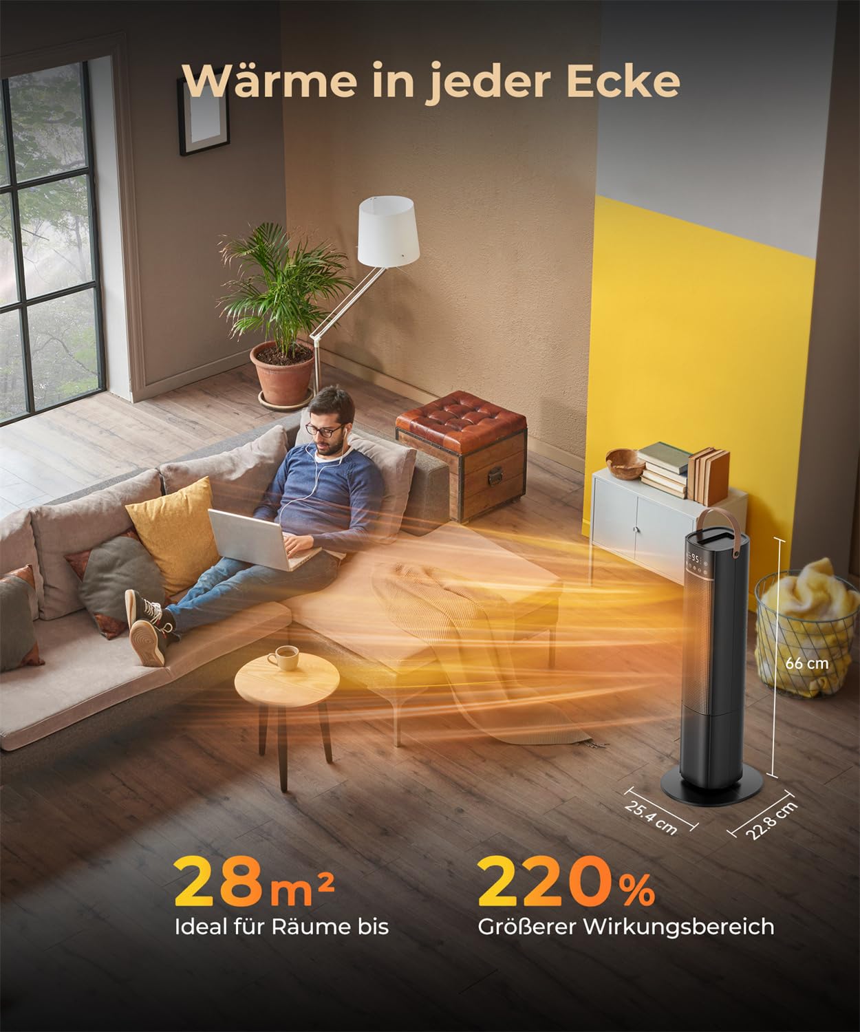 Heizlüfter Energiesparend, 2000W PTC Keramik Heizlüfter, 75° Oszillierend Elektroheizung mit Thermostat, Heizung Elektrisch Leise, 3 Modus, 24-Std-Timer, Überhitzungs- & Kippschutz