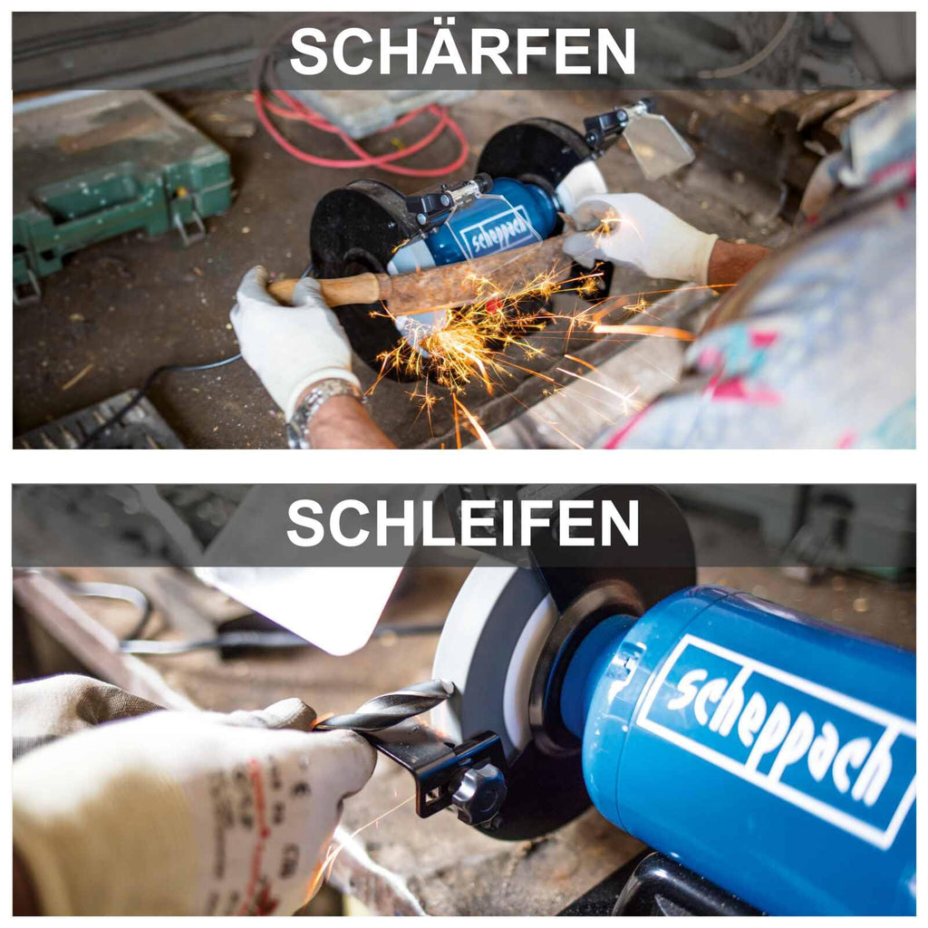 Scheppach Doppelschleifer SM200AL Schleifmaschine Schleifgerät | 500W Leistung | Verstellbarer Funkenschutz | Schleifscheibe 200mm Ø | inkl. Schlicht- und Schruppscheibe