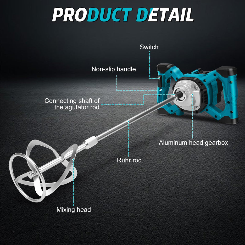 Akku Farbmörtelrührer Kompatibel mit Makita 18V Batterie, 3200W Rührwerk Mörtelrührer Zementrührer mit 2x2600mAh Akkus, 6-Gang, Brushless Farb-Mörtelrührer für Zement, Beton und Farbe