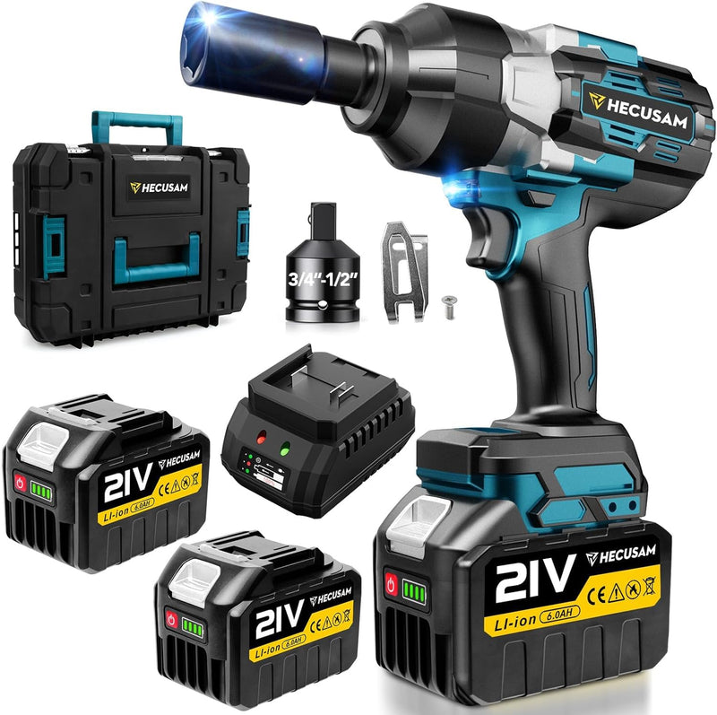 HECUSAM 2100 N.m Akku Schlagschrauber, 3/4" Bürstenloser Motor Schlagschrauber mit zwei Batterie,1/2-Zoll-Adapter, Drehschlagschrauber und Fall für Haus und schwerer Maschinen