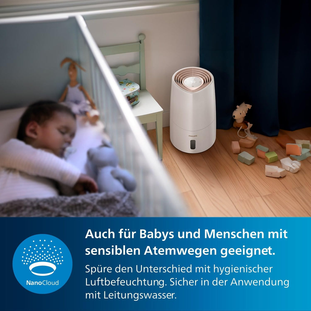 PHILIPS Luftbefeuchter 3000 Serie, für 45 m², NanoCloud, 99,97% weniger Bakterien, 300 ml/h, 3 Stufen, Schlafmodus, Ultraleise (33 dB), Feuchtigkeitssensor, Timer, 3L Tank, Weiß (HU3916/10)