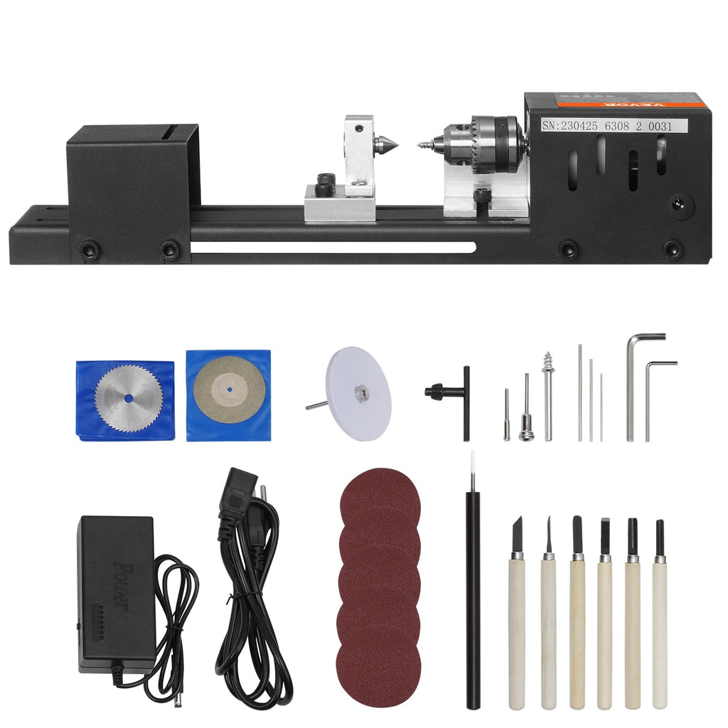 VEVOR Mini Drehbank 96W Drechselbank Max. Drehdurchmesser 70mm Drechselmaschine Spindeldrehzahl 4250–8500U/min Kopierdrechselbank mit 7-Gang-Einstellung Drehbank mit komplettem Zubehör