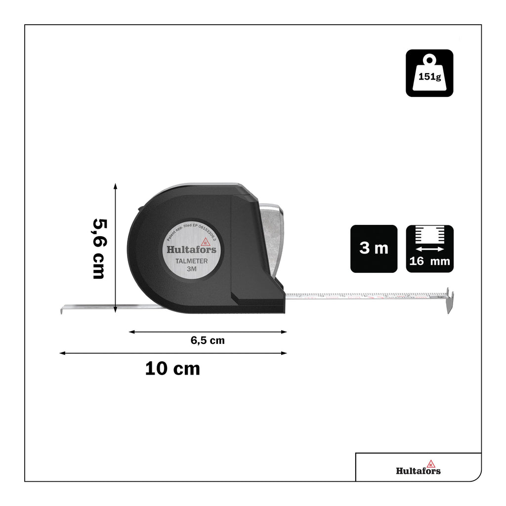 Talmeter Bandmaß 3 Meter I Hultafors I 7-in-1 Massband mit patentierter Zusatzfunktion für Innen- und Aussenmessungen I Genauigkeitsklasse II I Made in EU I 359203
