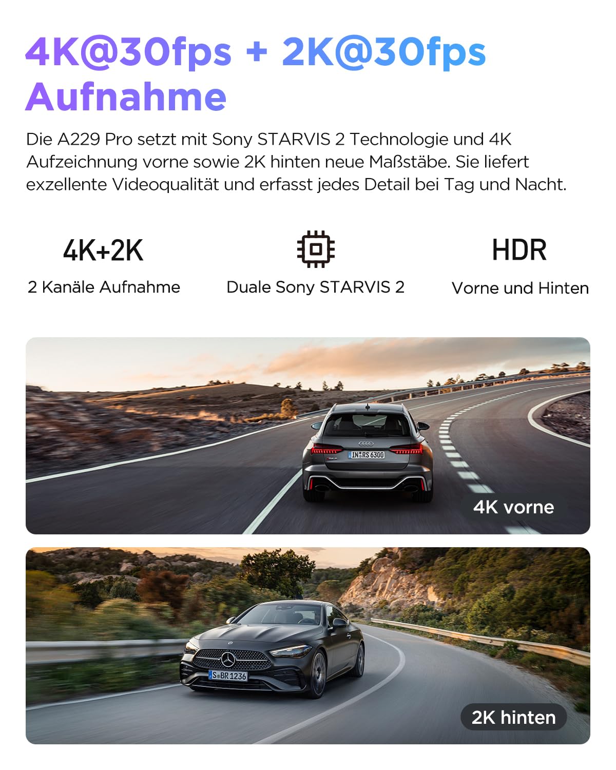 VIOFO A229 Pro 4K + 2K Dual STARVIS 2, HDR Vorne hinten Dashcam Auto, Sprachsteurung & 5GHz Wi-Fi Wlan Autokamera, Ultrapräzises GPS mit CPL Filter, Super Nachtsicht 2.0, Sprachausgabe, bis 512 GB Max