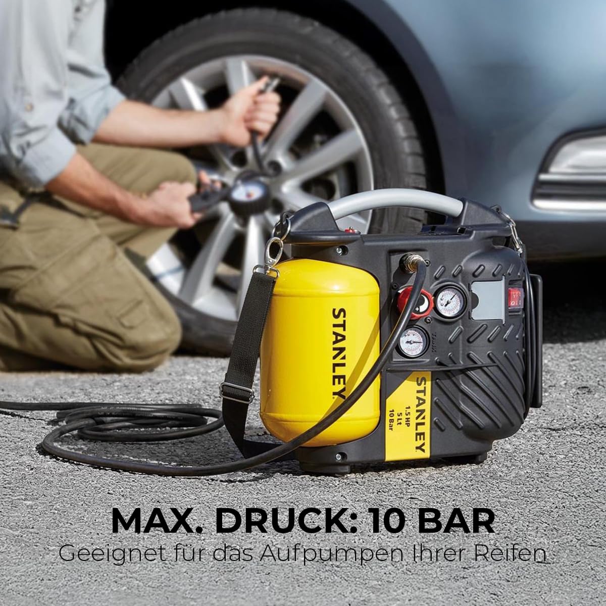 Stanley Kompressor DN200/10/5 - 10 Bar - 5L - 180L/Min - Tragbar für Autozubehör - Mini Kompressor mit Handgriff und Trageriemen - Gelb