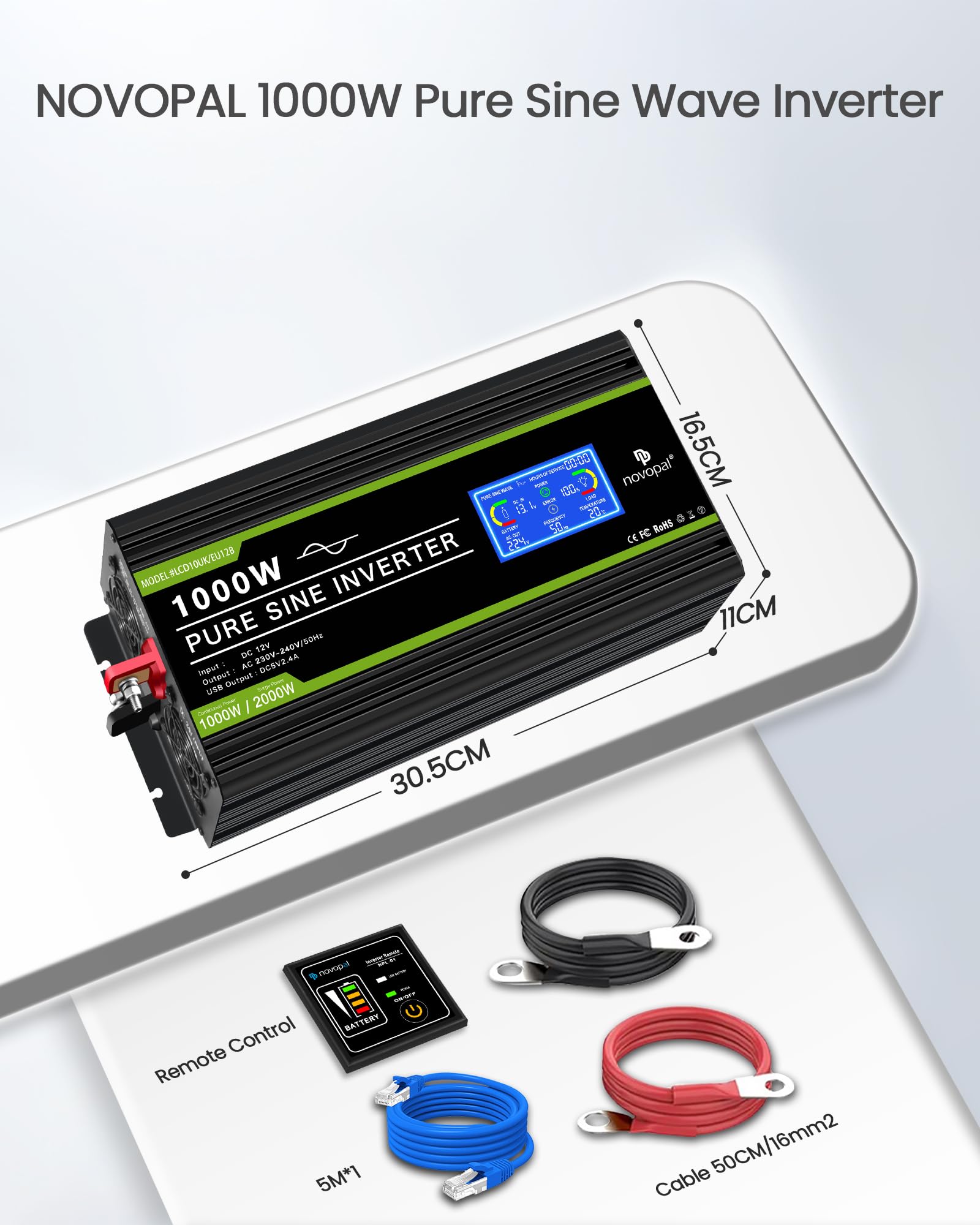 NOVOPAL 1000W Kfz Wechselrichter Spannungswandler 12v 230v Reiner Sinus mit LCD-Display und USB-Anschluss + 2AC Steckdosen mit USB-Ausgang und 5m-Fernbedienung