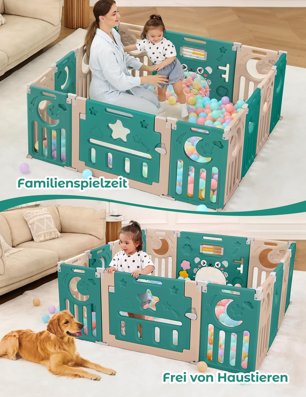 Dripex Laufstall Baby faltbar 150x150x62cm (14 Paneele) mit Spielboard, Laufgitter Baby, Kinderlaufstall & Babyzaun aus strapazierfähigem Plastik, Playpen für Innen & Außen, Braun