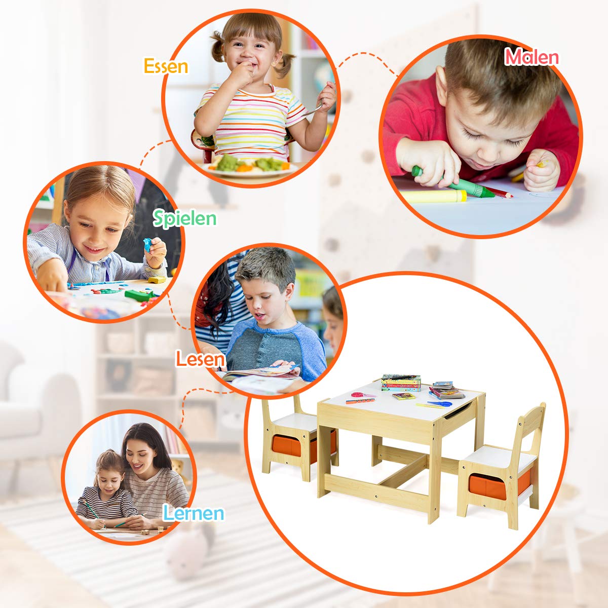 GOPLUS 3tlg. Kindersitzgruppe, 1 Kindertisch mit 2 Stühle, Kindermöbel Set aus Holz, Kindertischgruppe Indoor mit Stauraum, Maltisch für Kleinkind Mädchen Jungen