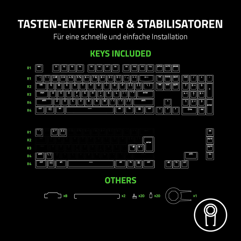 Razer Phantom Tastenkappen-Set - Hintergrundbeleuchtungskompatibel Tasten für Razer Tastaturen (für Switches mit kreuzförmiger Achse, ABS-Material, 128 Keycaps) QWERTZ DE-Tasten | Schwarz