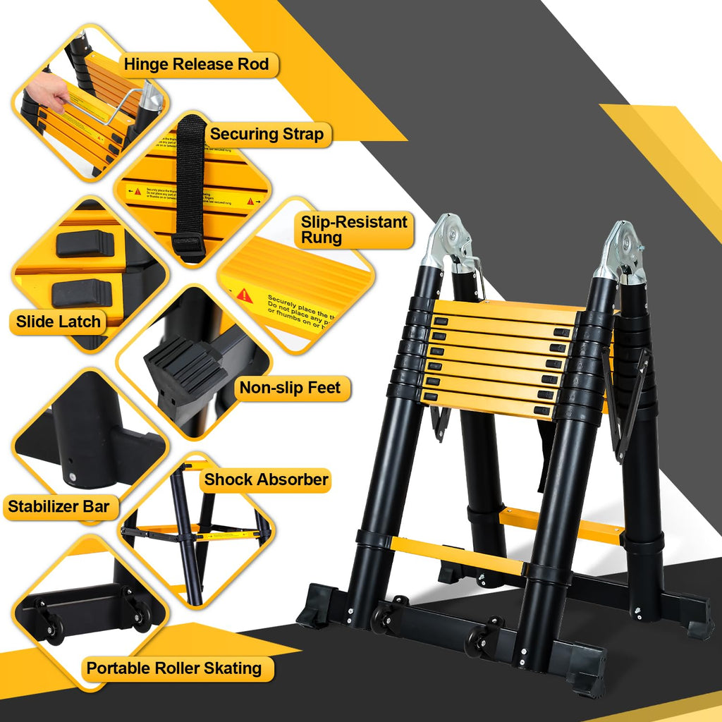 Joparri Teleskopleiter Klappleiter Aluminium 5M Ausziehbare Leiter, Rutschfester Aluleiter Stehleiter Mehrzweckleiter Aluminiumleiter Ausziehleiter 150 kg Belastbarkeit, Schwarz Gelb