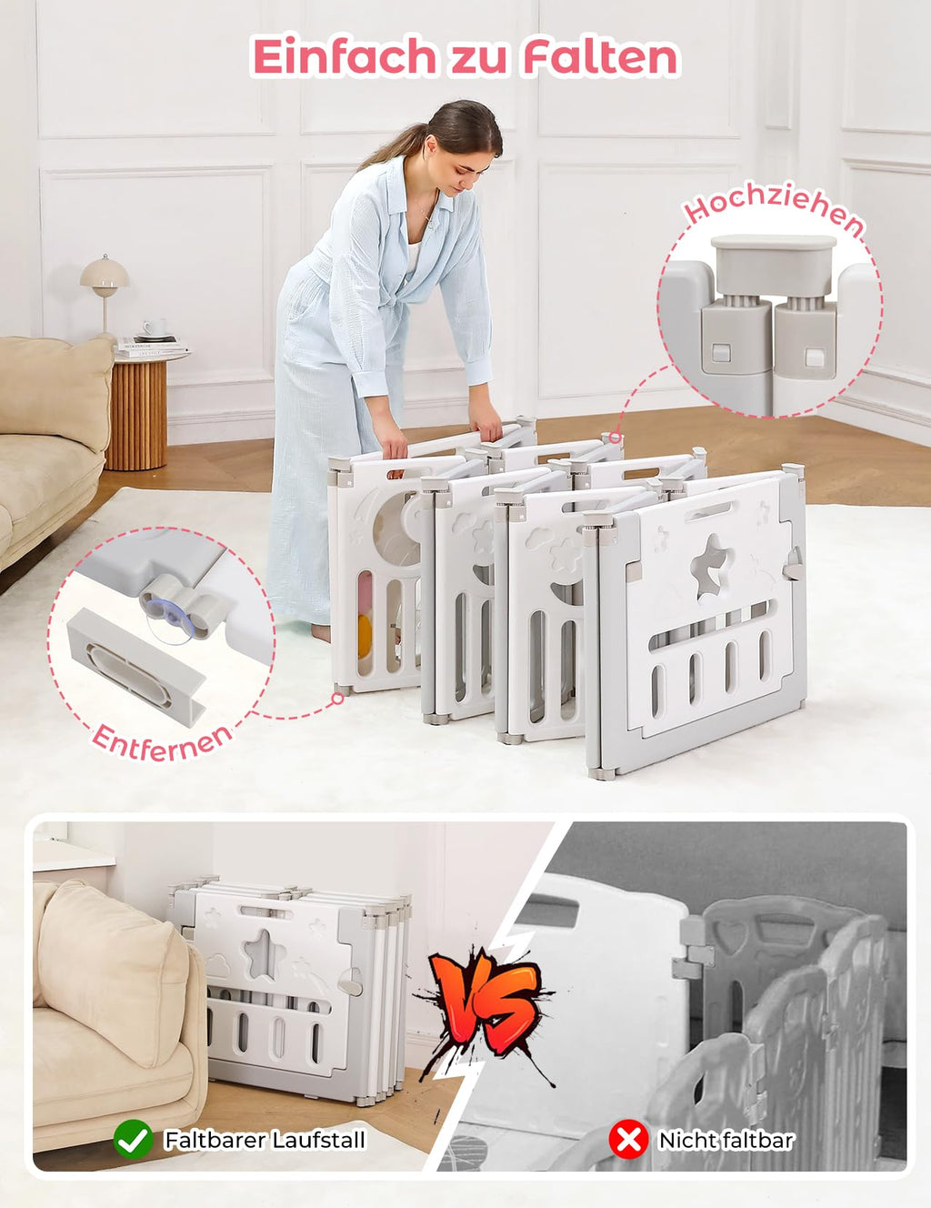 Dripex Laufstall Baby faltbar 150x150x62cm (14 Paneele) mit Spielboard, Laufgitter Baby, Kinderlaufstall & Babyzaun aus strapazierfähigem Plastik, Playpen für Innen & Außen, Grau