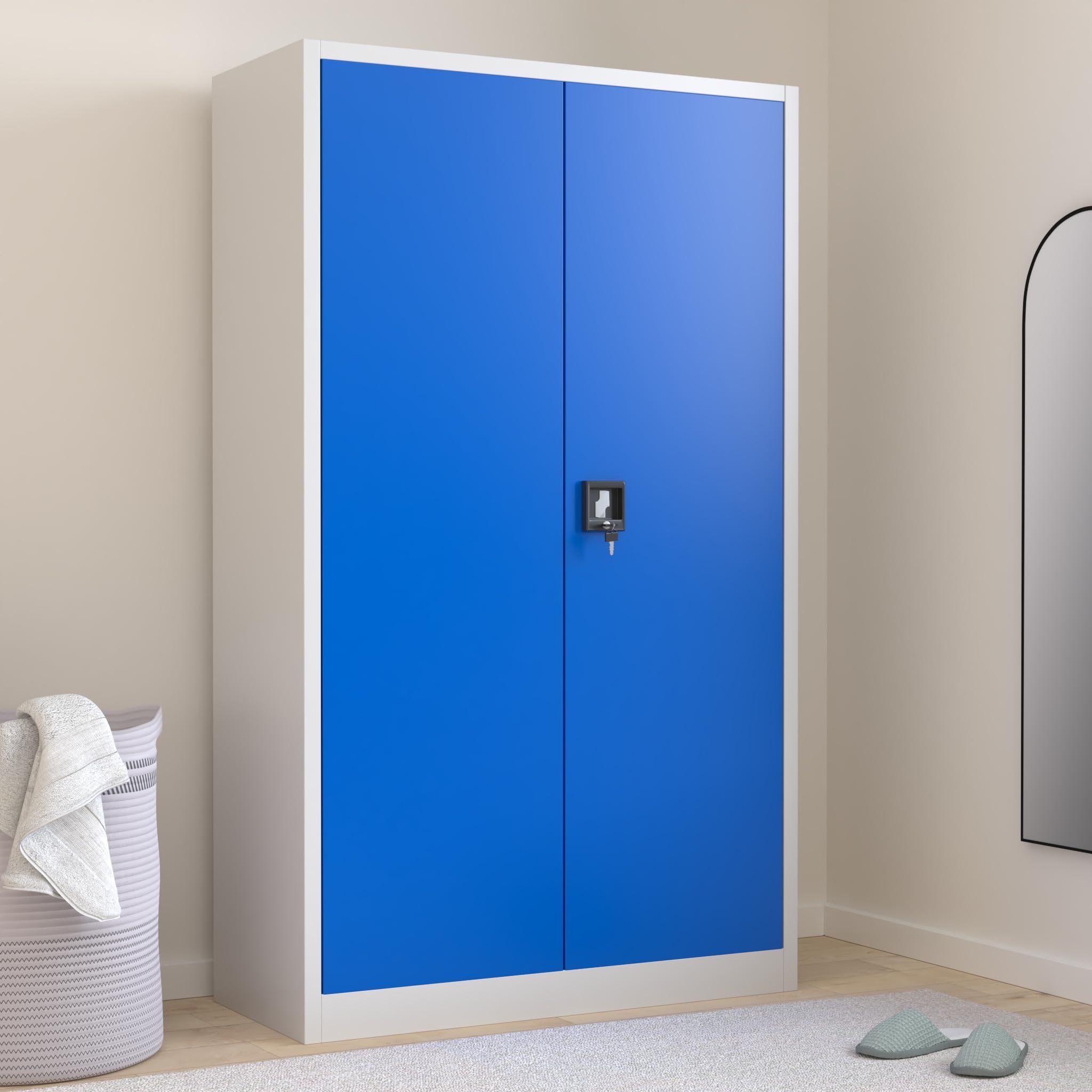 Jan Nowak 2er Set Aktenschrank XXL C001II Büroschrank Metallschrank Flügeltüren Stahlblech Pulverbeschichtung 185 cm x 115 cm x 40 cm (grau/blau)