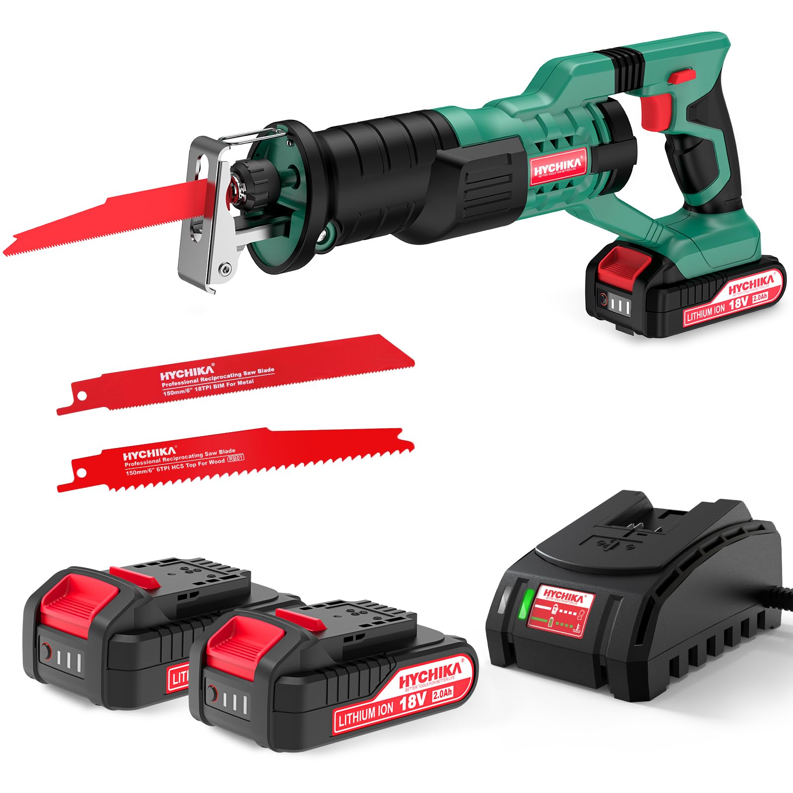 HYCHIKA Säbelsäge, 18V Akku Universalsäge, Reciprosäge mit 2x2.0Ah Batterien, mit variabler Drehzahl von 0-2800 SPM, 2 Sägeblätter, Schnellladegerät, LED Licht,Ideal zum Schneiden von Holz und Metall