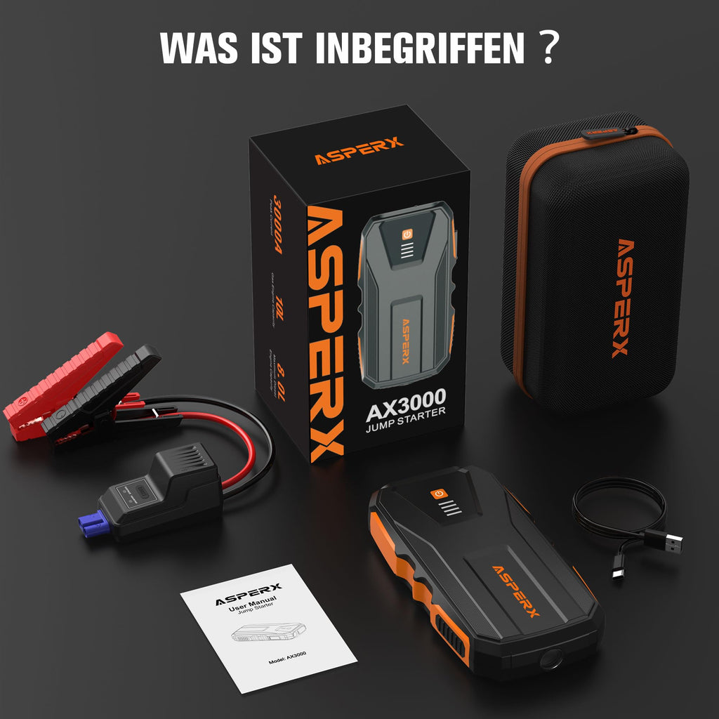 AsperX Starthilfe Powerbank 3000A 12V(Bis Zu 10,0L Benzin oder 8,0L Diesel) Auto Starthilfe mit Starthilfekabel,LED Taschenlampe,IP64 Wasserdicht,Jump Starter für PKW LKW UTV Van Motorrad