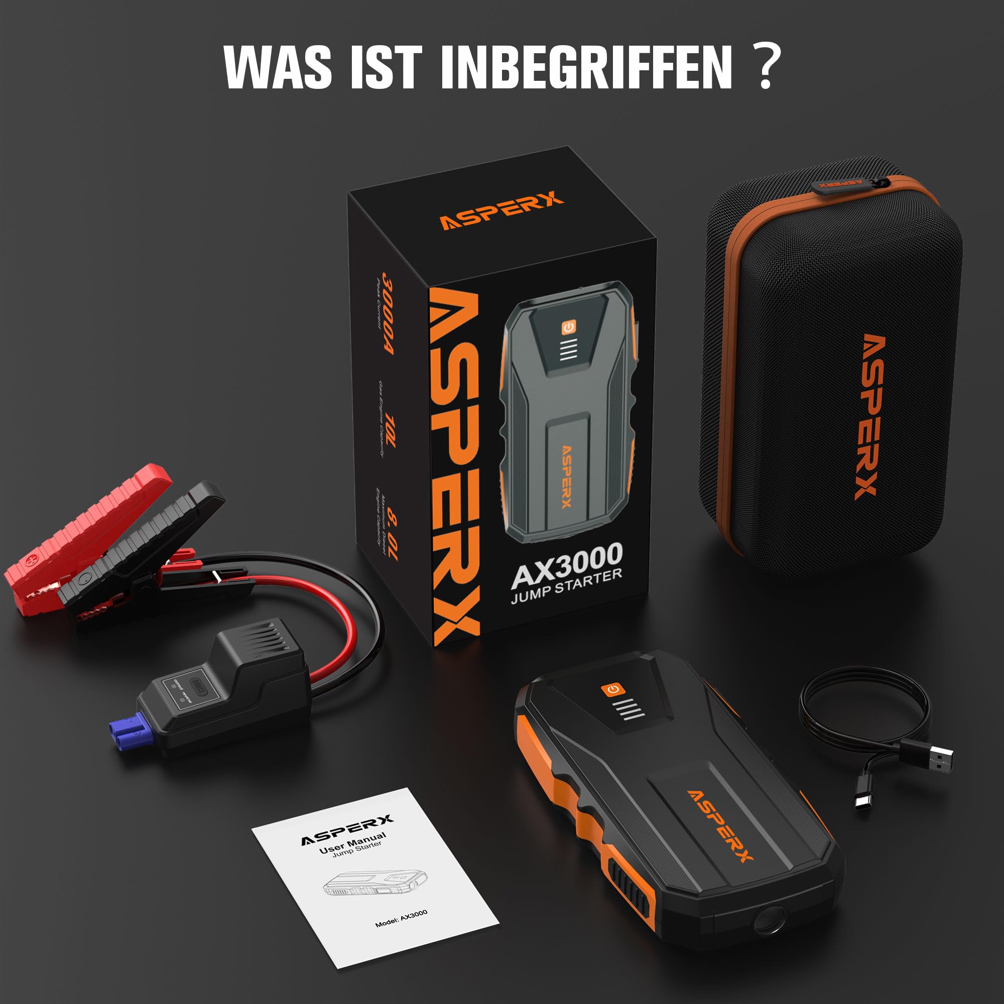 AsperX Starthilfe Powerbank 3000A 12V(Bis Zu 10,0L Benzin oder 8,0L Diesel) Auto Starthilfe mit Starthilfekabel,LED Taschenlampe,IP64 Wasserdicht,Jump Starter für PKW LKW UTV Van Motorrad